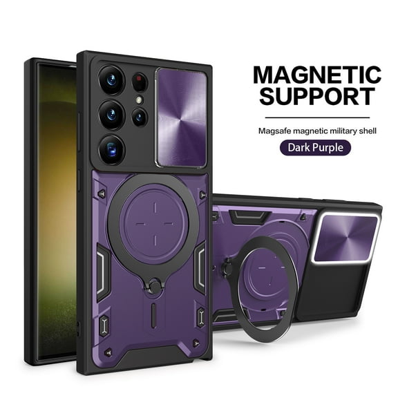 Allytech Slim Rugged Case for Samsung Galaxy S24 Ultra, [Slide Lens Cover] with Built-in 360°Rotate Ring Stand Magnetic Car Mount Hybrid Shockproof Anti-Fall Cover for Samsung Galaxy S24 Ultra, Purple