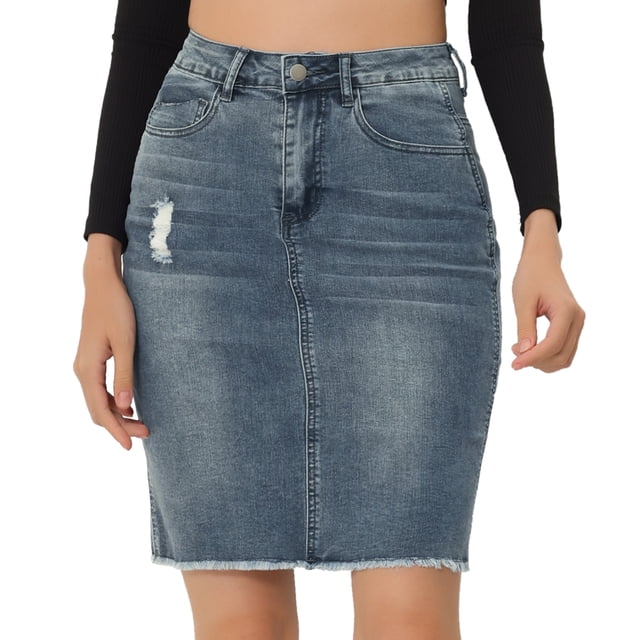 Falda Vaquera Midi Básica Desgastada De Cintura Alta Con Dobladillo Rasgado Y Lavado Para Mujer Gris Azulado XL