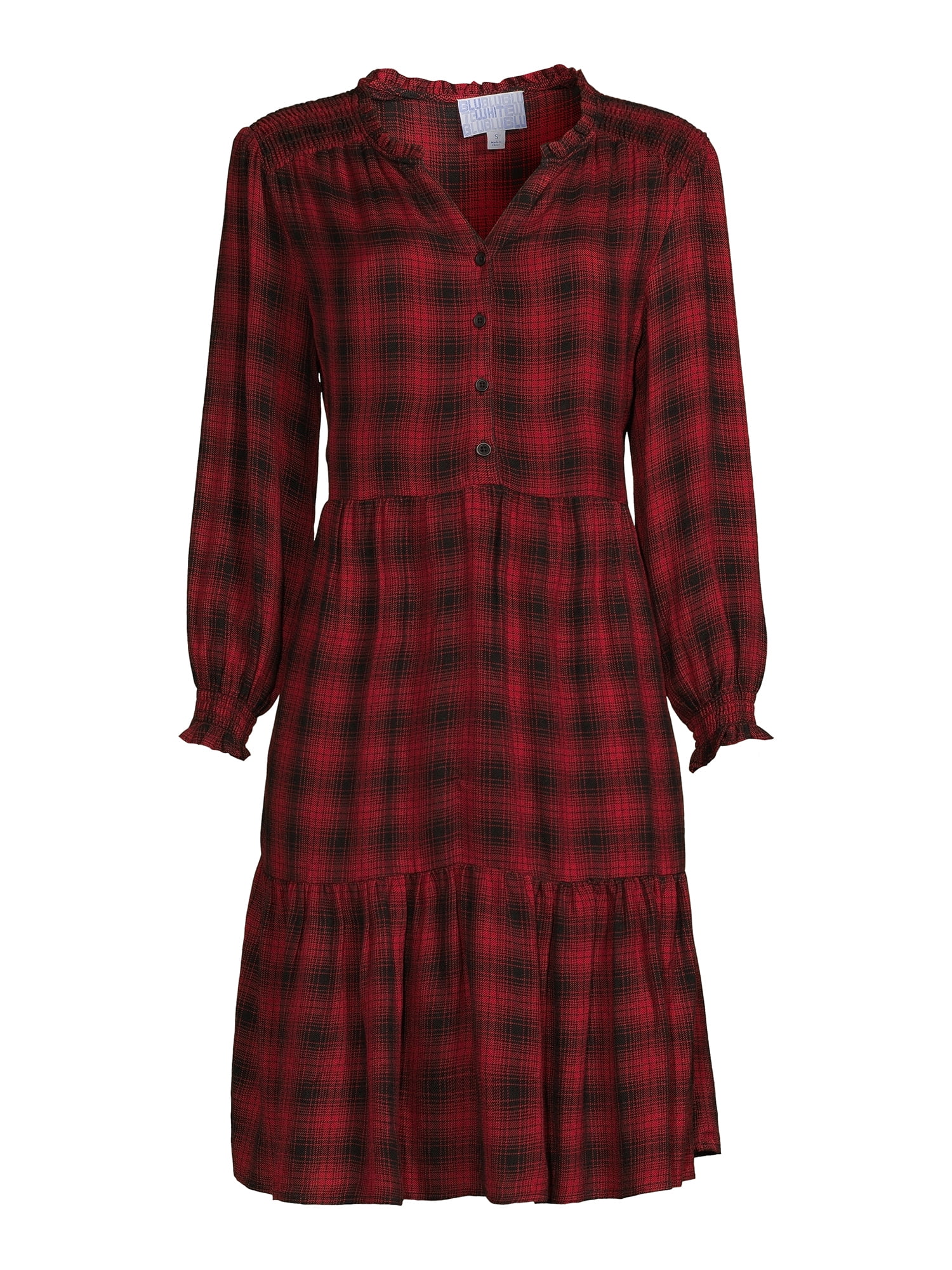 Blu White Blu Women's Smocked Shoulder Plaid Dress