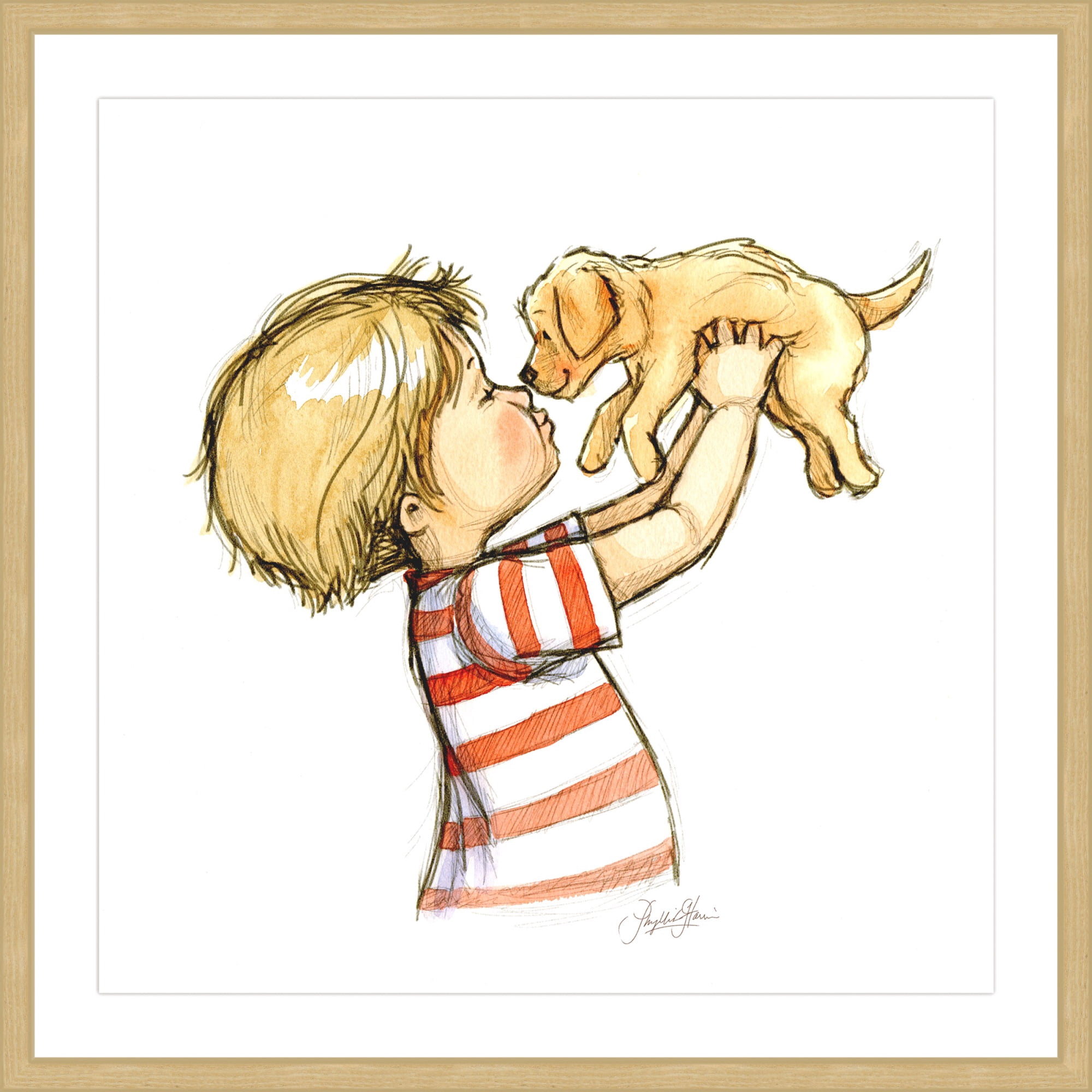 "Puppy Loves Boy" Framed Painting Print