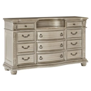 Silver Finish Dresser with Egg and Dart Base Moldings, Bead Molding, Acanthus Leaf Carvings, and Genuine Marble Inset Top"