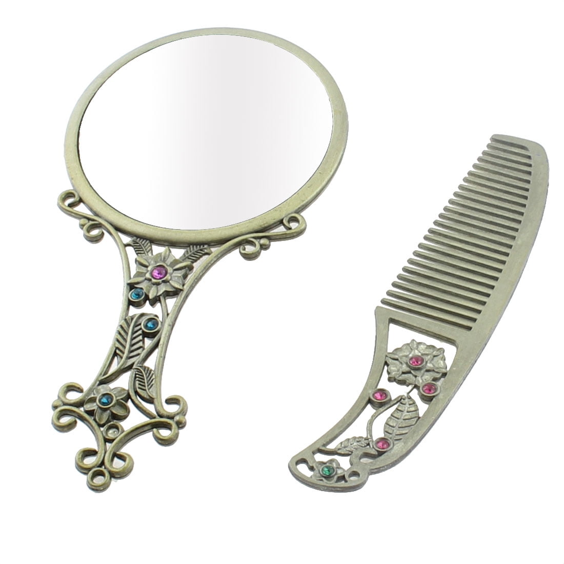 Unique Bargains Retro Style Flower Pattern Cosmetic Makeup Mirror Comb Gift Bronze Tone Set