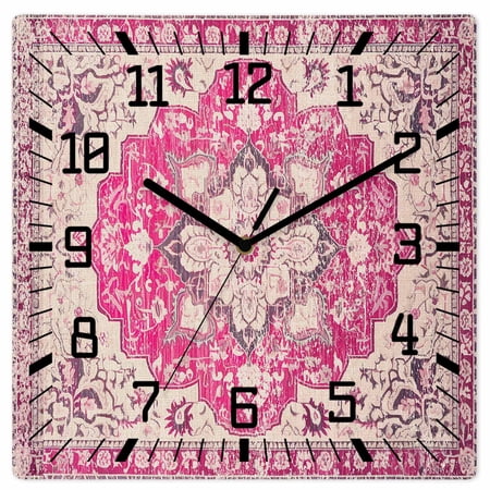 Boho Pink Wooden Wall Clock Silent Non Ticking, Middle Century Boho Geometric Abstract Southwestern Square Wall Clocks Battery Operated, Decor Clock for Home Office, Living Room, Kitchen, 10 Inch