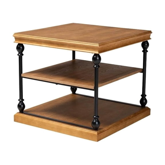 Traditional End Table - 28" Square Wood & Metal 3 Tier Design - Oak Brown