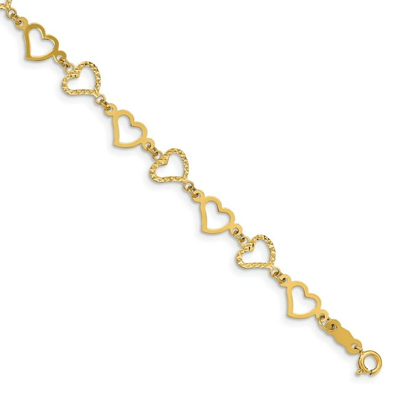 Real 14kt Yellow Gold Flat Diamond Cut Open Hearts Chain Bracelet; 7.25 inch; for Adults and Teens; for Women and Men