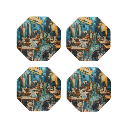 

Tideii Whimsical Cats Night Cafe for Leather Coasters 4 Pieces Anti-fouling and Anti-scalding Decorative Coasters Suitable for Restaurants Kitchens Coffee Shops-Octagon