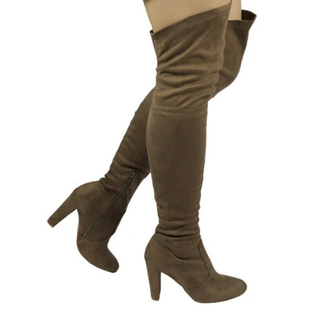 

AMAYA-93B Wild Diva Women Stretchy Suede Chunky Heel Thigh High Over The Knee Boots Stretchy
