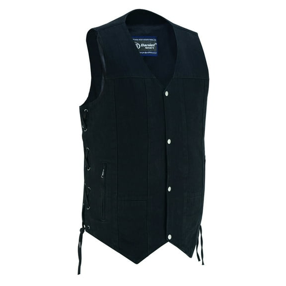 Daniel Smart Men’s Vest - Unique Black Denim with V-Neck Design Motorcycle Vest
