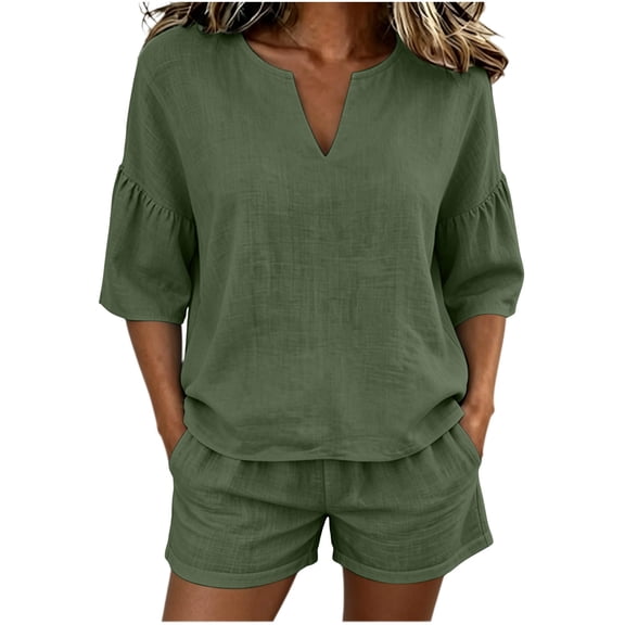 ATOYSOY Womens 2 Piece Linen Short Set V Neck Ruffle Sleeve Top And Shorts Casual Summer Outfit Set For Beach Vacation And Everyday Wear