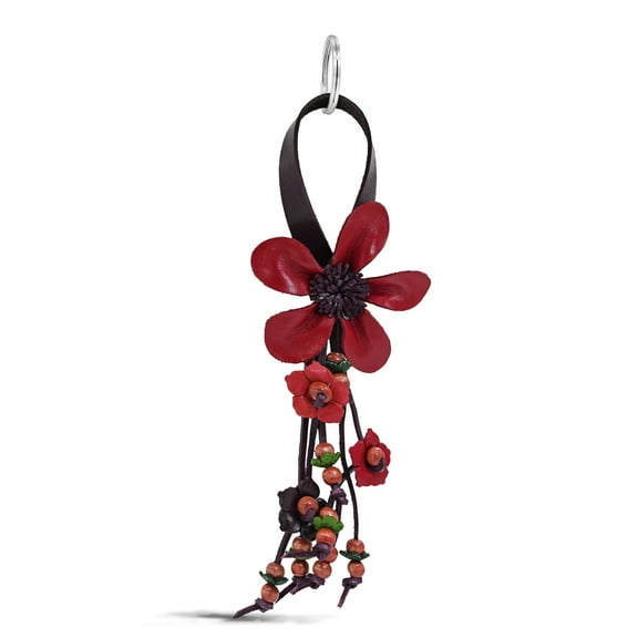 Hanging Red Bouquet of Leather Flowers & Wood Accented Keychain