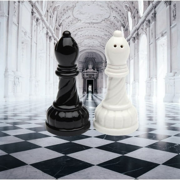 Ceramic Black and White Bishop Chess Pieces Salt and Pepper Shakers 1.5 inch