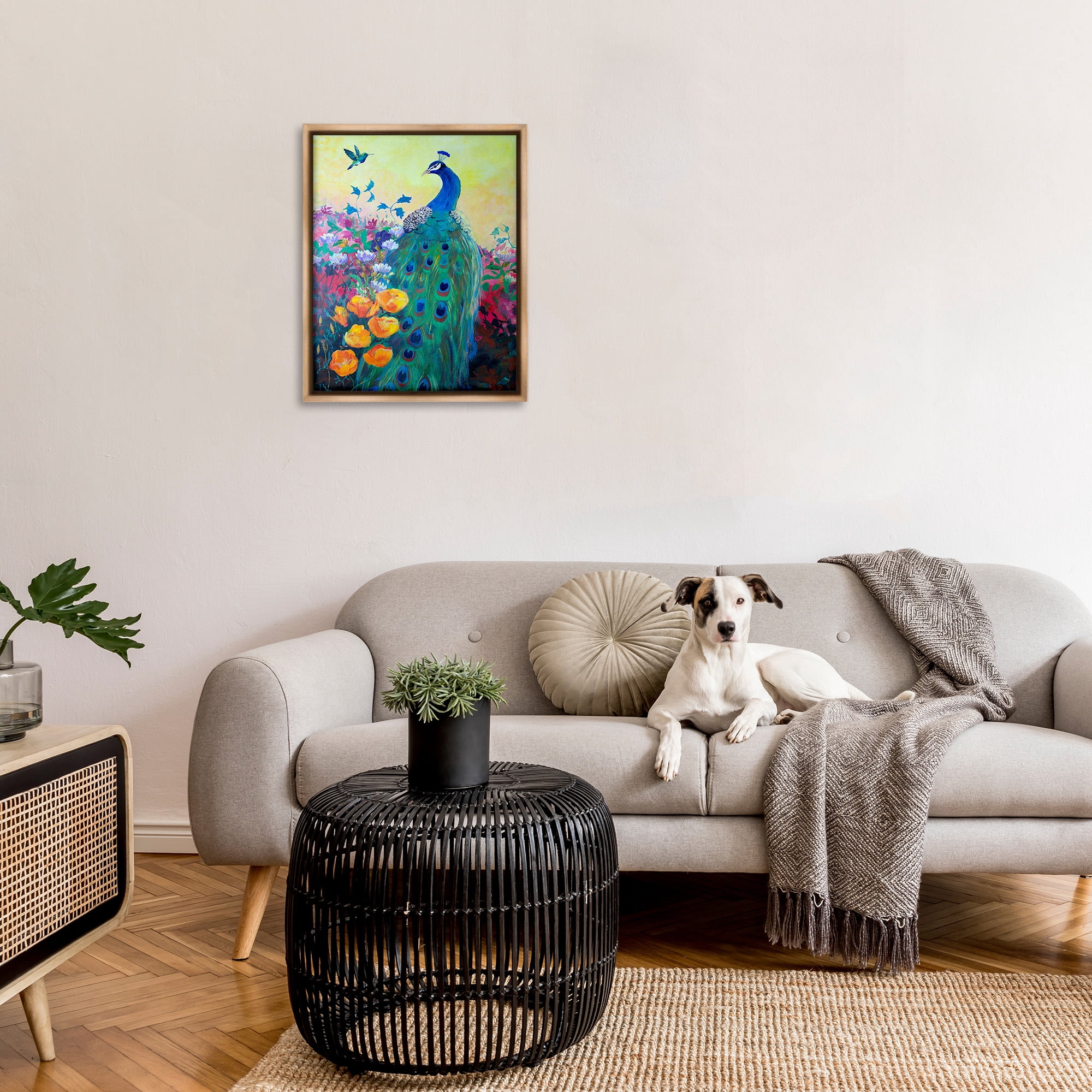 Stupell Industries Peacock & Garden Flowers Animals & Insects Painting Brown Floater Framed Canvas Art Print Wall Art, 25 x 31