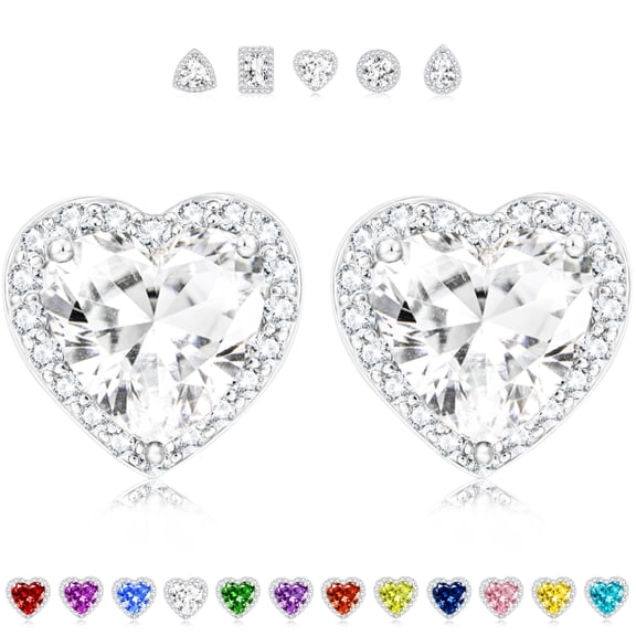APSVO 18K White Gold Plated Love Heart Stud Earrings for Women Hypoallergenic with S925 Silver Post April Birthstone Earrings Birthday Christmas Jewelry Gifts Teen Girls Stocking Stuffers Kids Ideas