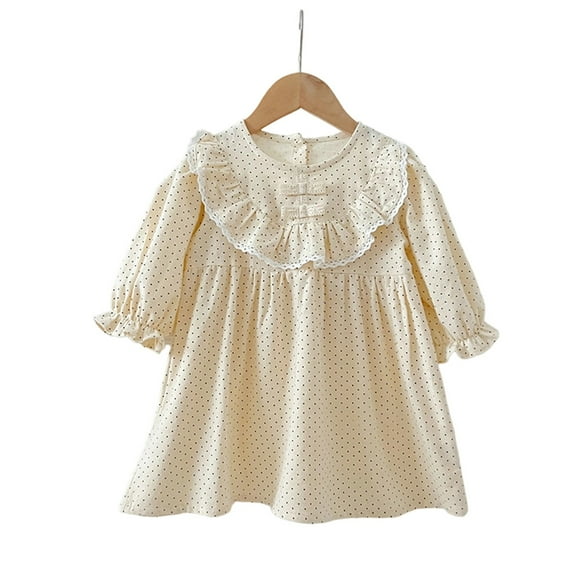 XEGLSBU Flower Girl Dresses for Wedding Long Sleeve Polka Long Sleeve Girls Dress with Floral Lace Collar Elegant Party Wear for Toddler Baby Daughter Outfit Beige Size 5-6 Years