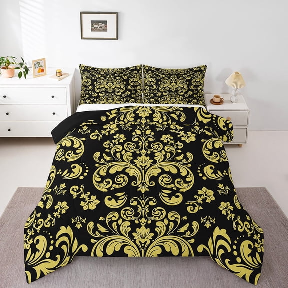 Black Gothic Full Bedding Set Gold Damask Floral Comforter Set Bohemian Exotic Goth Flower Bedding Comforter Sets Adults Vintage Victorian Baroque Boho Bed Set 2 Pillow Cases
