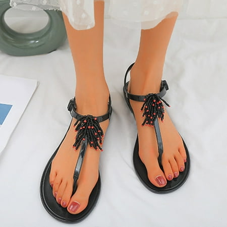 

YTJX Spring And Summer Women s Shoes Round Toe Beaded Fringe Flat Beach Thong Roman Sandals