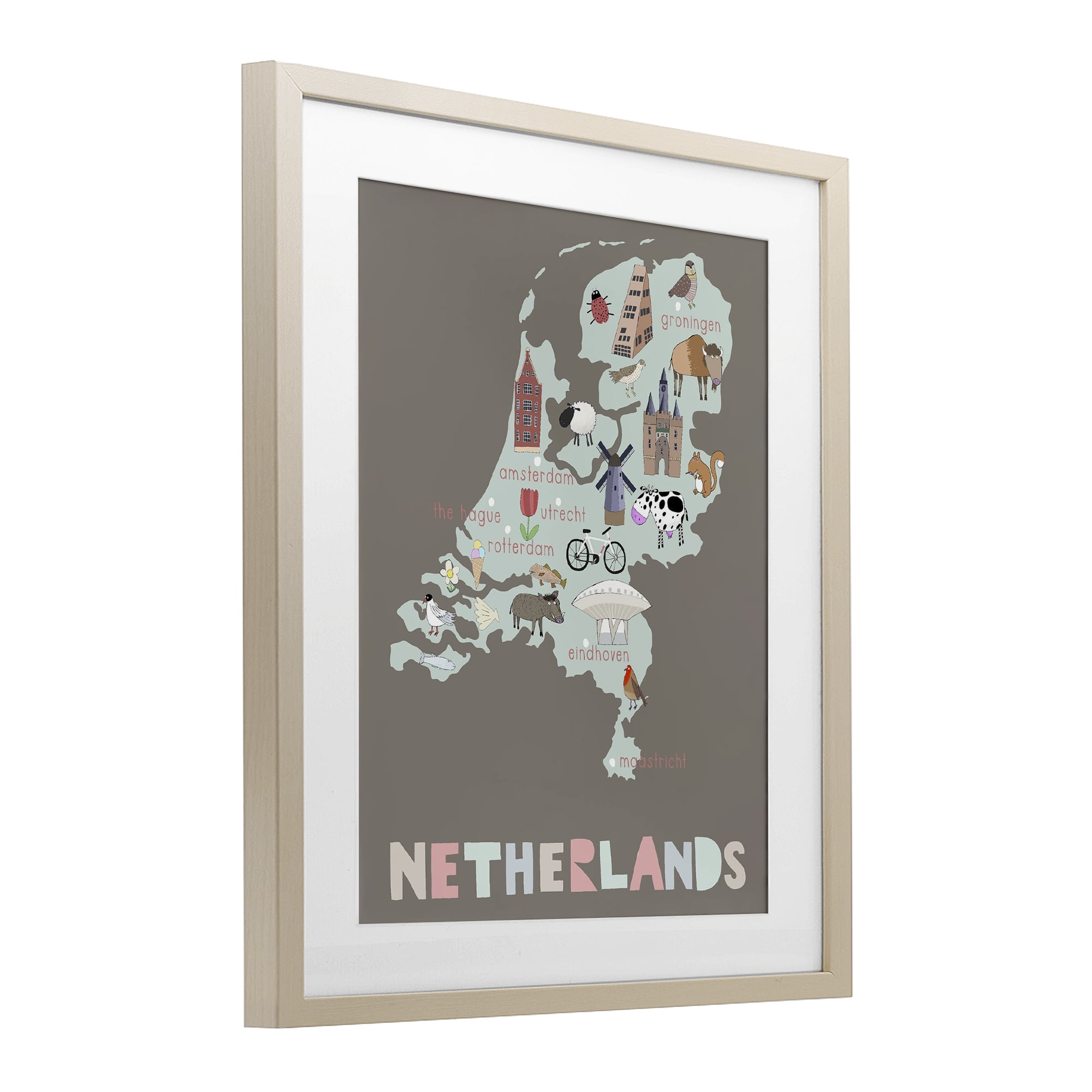 Kid's Map of Netherlands Birch Framed Print Under Glass, design by Carla Daly