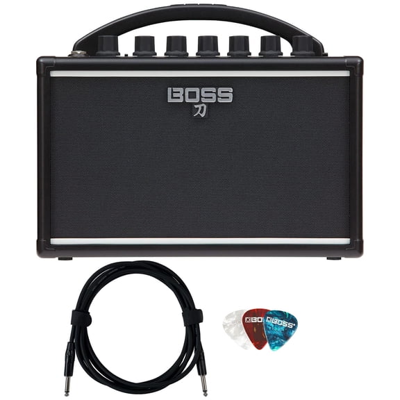 Boss Katana Mini Guitar Combo Amplifier Bundle with Gearlux Instrument Cable and 3-Pack Picks