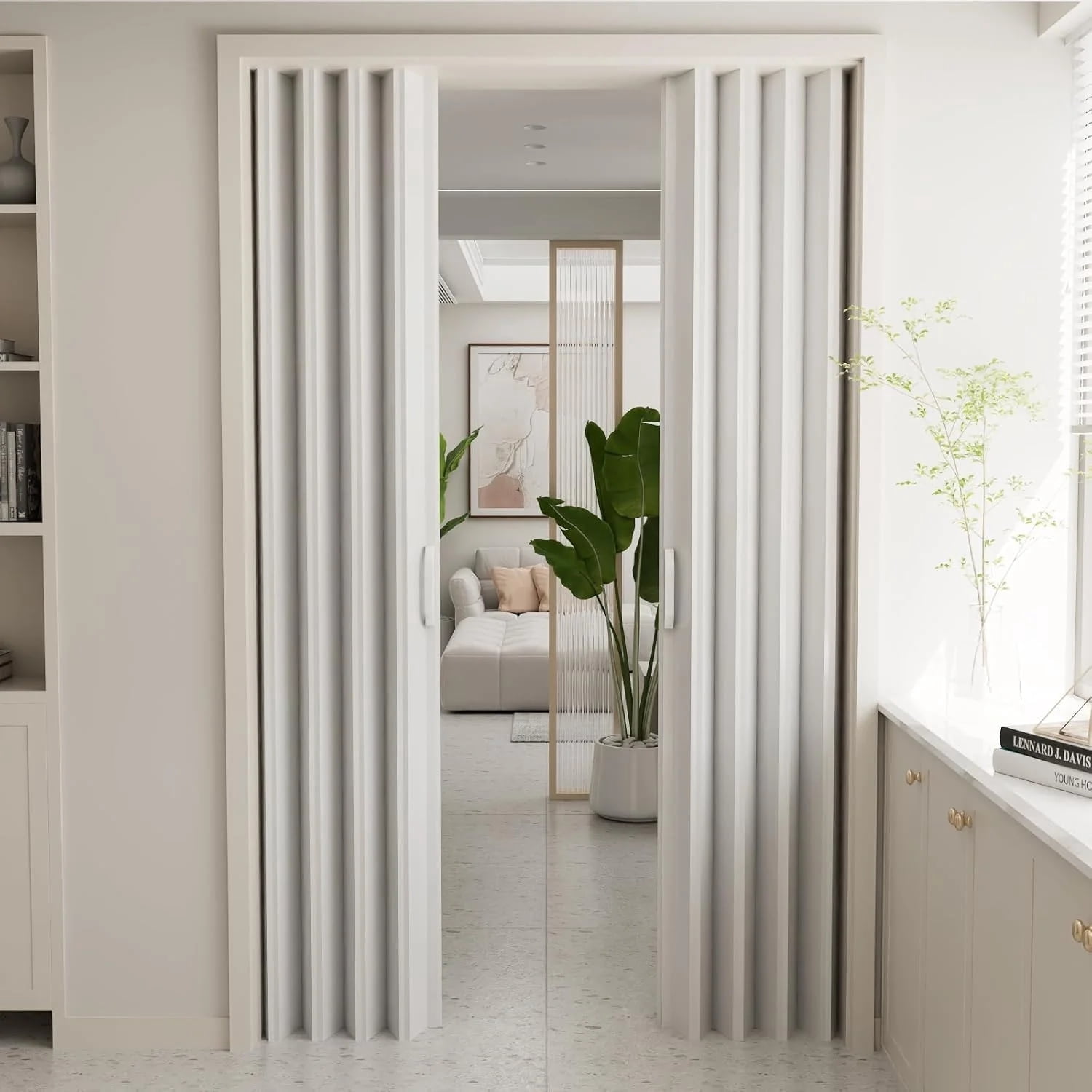 60"x80" White PVC Accordion Style Door - Space Efficient Sliding System for Bedrooms & Walk-In Closets