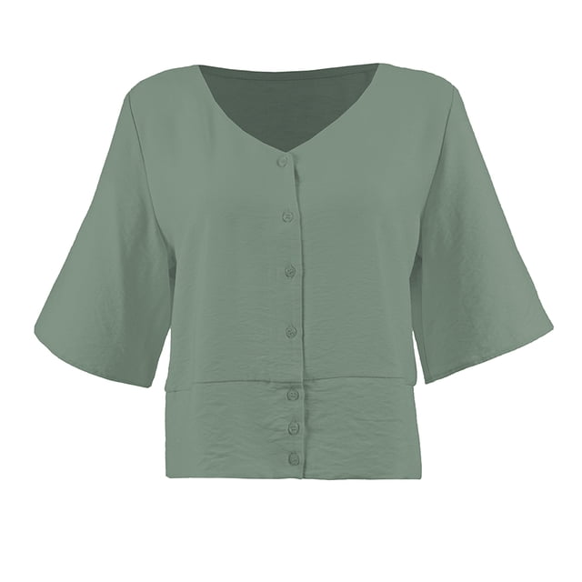 Blusa George para Mujer,Manga al Codo Escote V y Aletilla Funcional Verde Talla EG