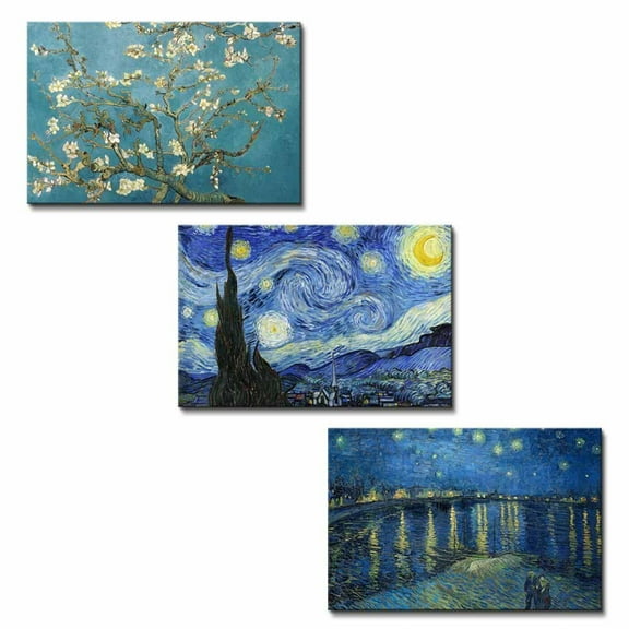 wall26 Van Gogh Replica Set of 3 - The Starry Night & The Starry Night Over the Rhone River&Almond Blossoms Canvas Prints- 16"x24" x 3 Panels