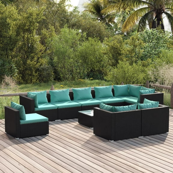 vidaXL 10 Piece Patio Lounge Set with Cushions Poly Rattan Black, 3102633