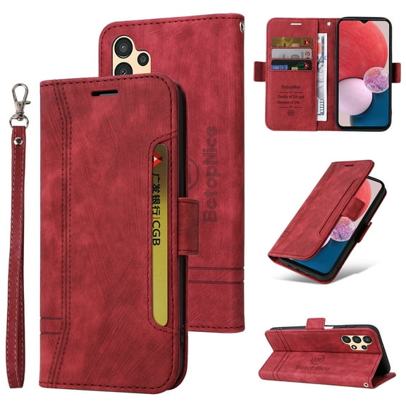 Dteck Wallet Case for Samsung Galaxy A13 5G with Card Slots Holder Kickstand Magnetic Clasp Phone Cover, Luxury PU Leather Shockproof Wrist Strap Handbag Case for Samsung Galaxy A13 5G,Red