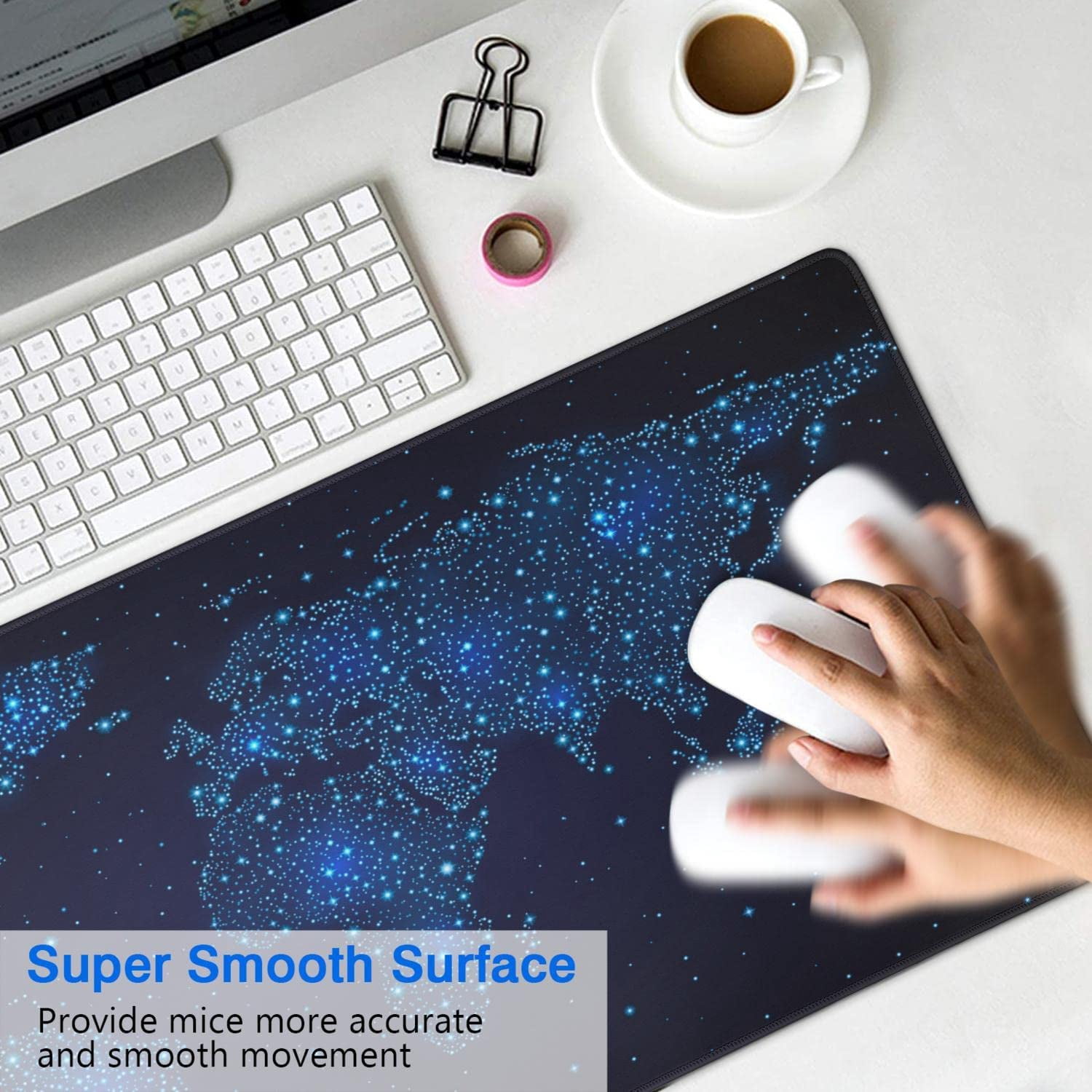 Stars World map Extended Gaming Mouse Pad (35.4x15.7 in) Large Non-Slip Rubber Base Computer mat for Desk with Stitched Edges Full Desk Mousepad XXXL
