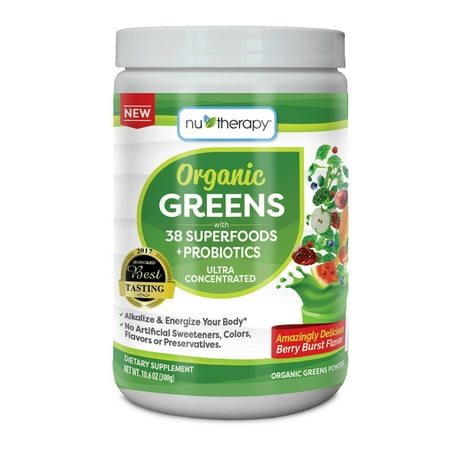 Nu-Therapy Organic Greens Superfood + Probiotics Powder, Ultra Concentrated Formula, Berry Burst Flavor, 30