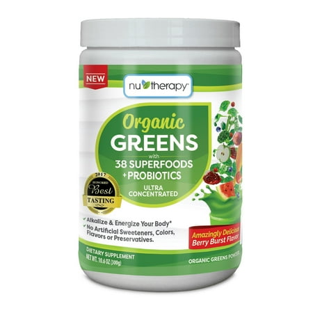 Nu-Therapy Organic Greens Superfood + Probiotics Powder, Ultra Concentrated Formula, Berry Burst Flavor, 30