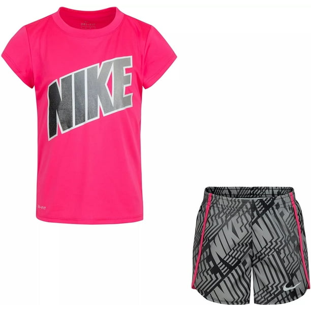 Nike Little Girls' Dri-FIT T-Shirt and Shorts 2 Piece Set  (Black(36H585-023)/Pink, 4T) 