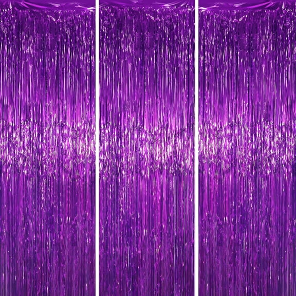 3 Pack Purple Metallic Tinsel Foil Fringe Curtains, Black Foil Curtain Backdrop, Photo Booth Props for Birthday Wedding Baby Shower Bachelorette Xmas Celebration Party Decorations Door Streamers