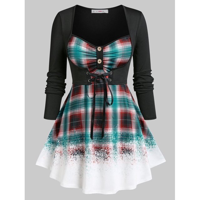 Camiseta a Cuadros 2 en 1 Talla Extra Rosegal Mangas largas de talla grande