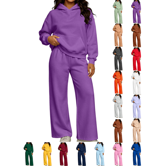 Womens Fall Outfits Nelozsy Fashion Woman Hooded Solid Long Sleeve Blouse Long Pants Elastic Waist Sets Purple S