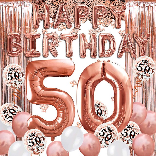 Decoración para fiesta de cumpleaños número 50 en oro rosa, pancarta de feliz cumpleaños, globo gigante de aluminio con el número 50, 2 cortinas con flecos en oro rosa, globo de confeti de látex.