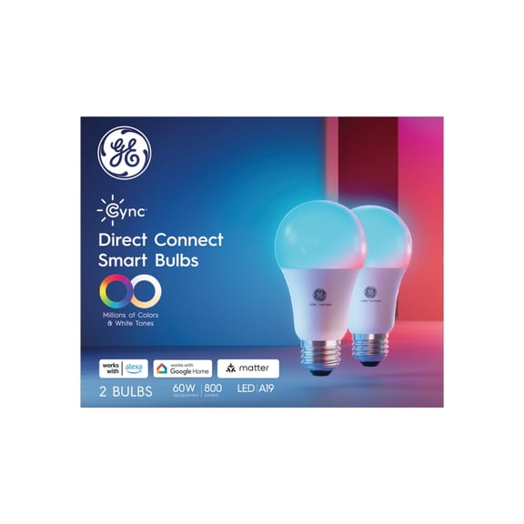 GE Cync A19 Smart LED Light Bulb, Color Changing Indoor Décor Lights, 60 Watts, Medium Base, 2 pack
