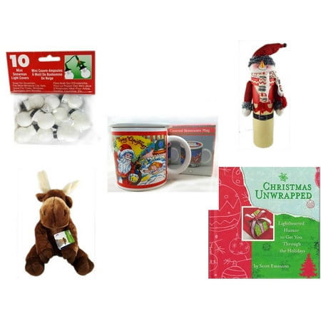 Christmas Fun Gift Bundle [5 Piece] - 10 Mini Snowman Light Covers - Wine Gift Box Snowman - Treasury of Gifts 11 Oz. Covered Stoneware Mug - Soft & Cuddly  Moose  14