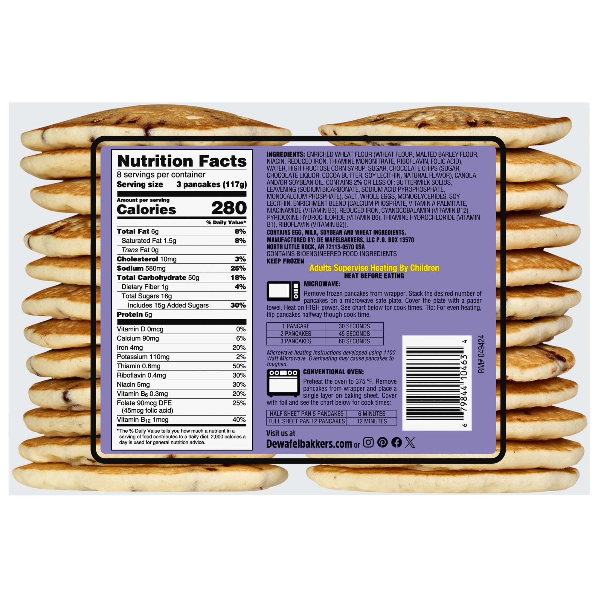 De Wafelbakkers Chocolate Chip Pancakes, 33 oz, 24 Count Bag (Frozen)