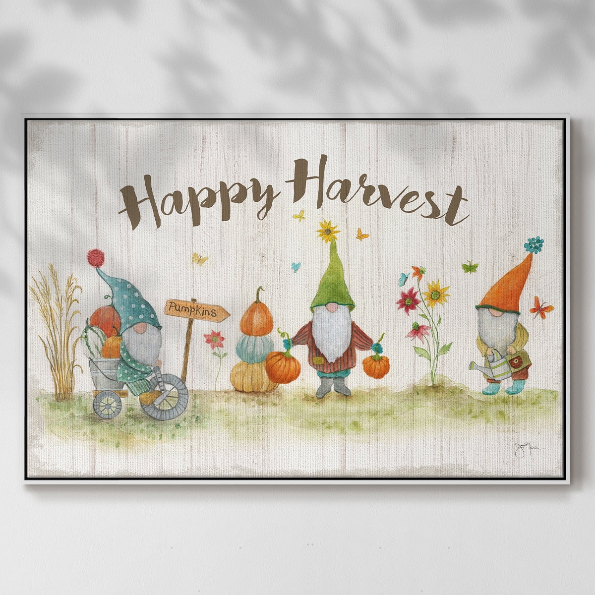 Gnome Harvest - Framed Gallery Wrapped Holiday Canvas - 27 x 41 - White Frame