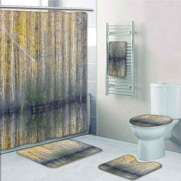 PRTAU Authentic View of Forest with Thin Tall Trees by the Lake Fall Scenery Nature 5 Piece Bathroom Set Shower Curtain Bath Towel Bath Rug Contour Mat and Toilet Lid Cover