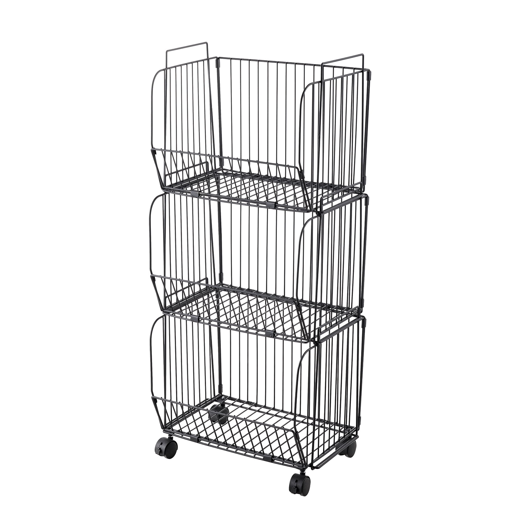3Tier Collapsible Kitchen Wire Baskets with Lockable Casters