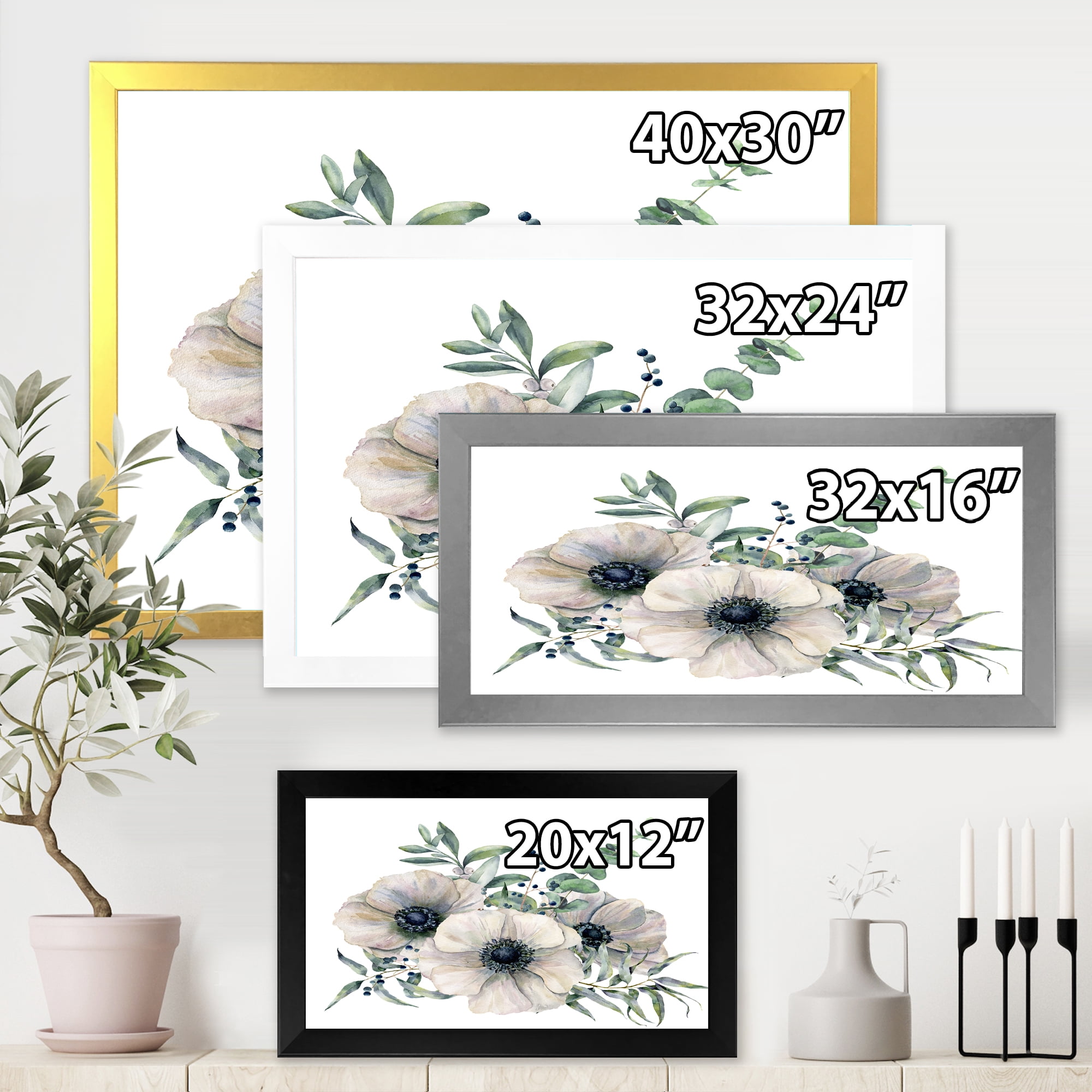 Designart 'Eucalyptus Leaves With White Anemone Bouquet' Traditional Framed Art Print