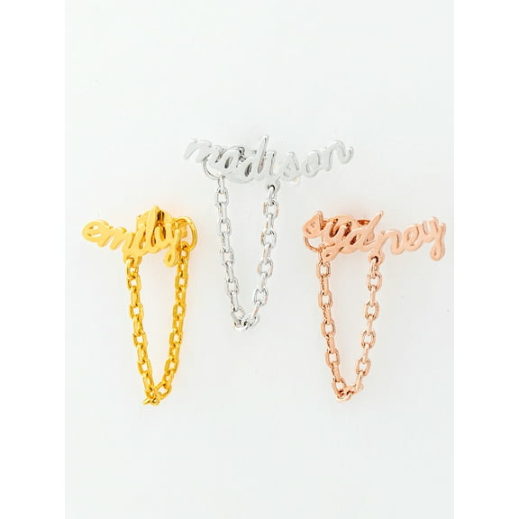 Personalized Planet Sterling Silver Lowercase Script Name Crawler Button with Chain Loop Earring ,Women's