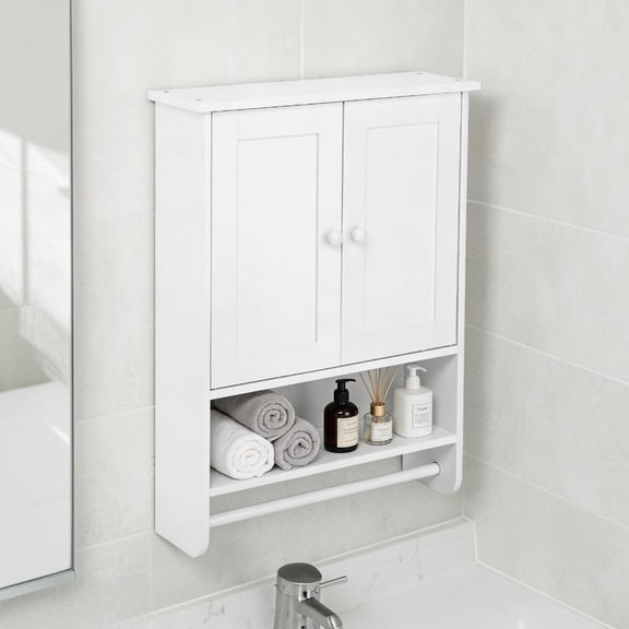 IVV Bathroom Wall Cabinet with Open Shelf & Tower Bar, Wall-Mounted Storage Organizer, Space-Saving Double-Door Medicine Cabinet, 19.1" x 5.71" x 25.2", White