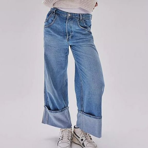 Byworldtasic Womens Jeans Womens Boyfriend Wide Leg Casual Denim Pants, Mid Rise Cuffed Hem Baggy Jeans Streetwear Fashion Trousers with Pockets Light Blue