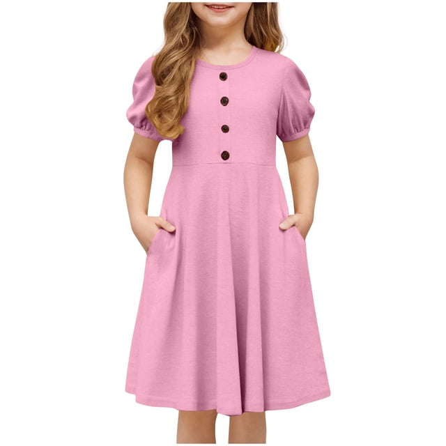 DecSea Girls A-line Ruffled Dress with Bubble Sleeve, Crew Neck & Decorative Button Outfit