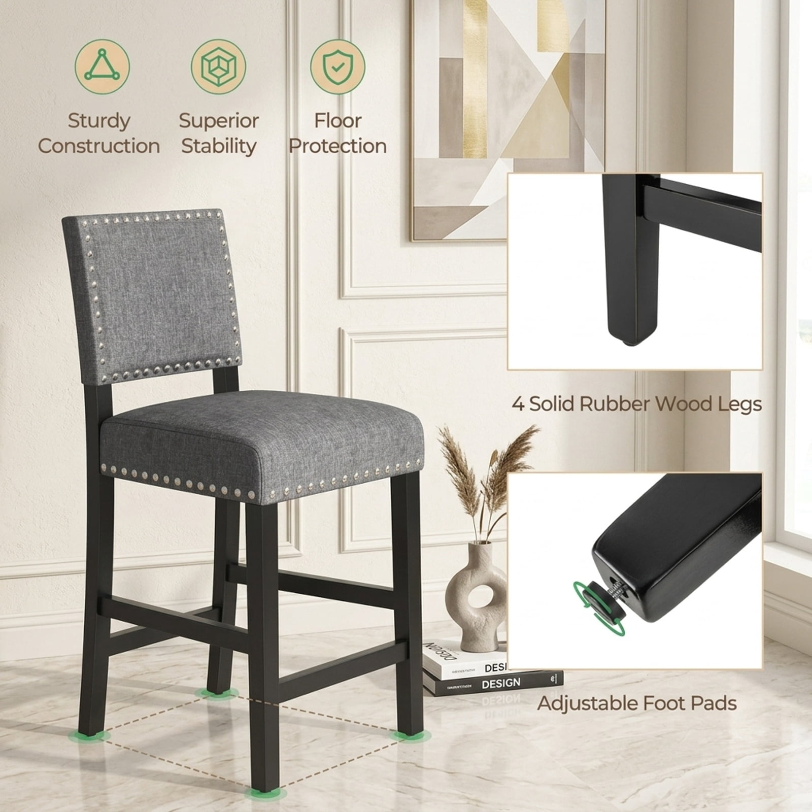 Furnibear 38.5/43.5 Inch Set of 2 Counter Height Chairs with Solid Rubber Wood Frame-S for Kitchen Dining Room Living Room Home, Gray