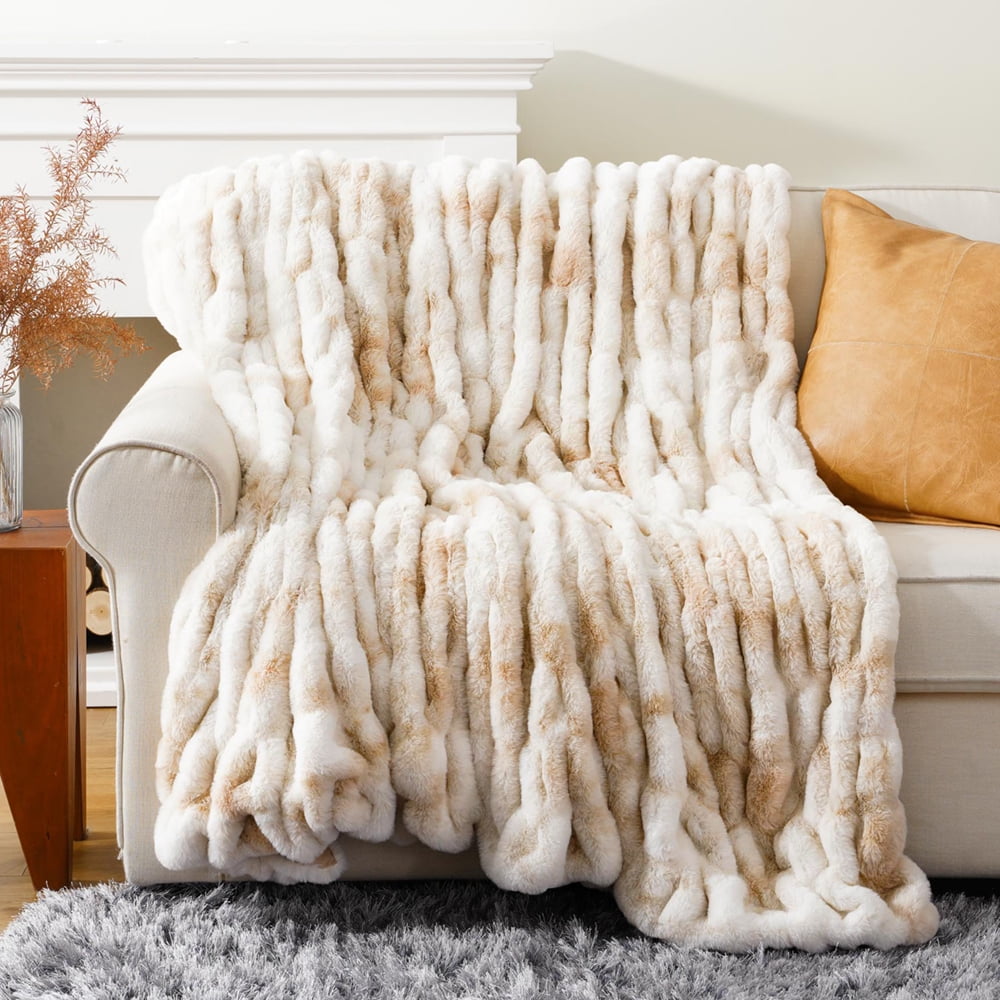Battilo Ruched Faux Fur Throw Blanket,Beige Rabbit Faux Fur Blanket for Couch, Living Room,50"x60"