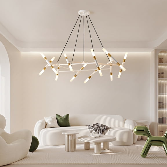 Jopath 41" White & Golden Modern Chandelier Light Fixture, Branch Design with Frosted Tubes, Adjustable Height Pendant Light for Dining Room, Living Room, or Kitchen Island (Bulb Not Included)