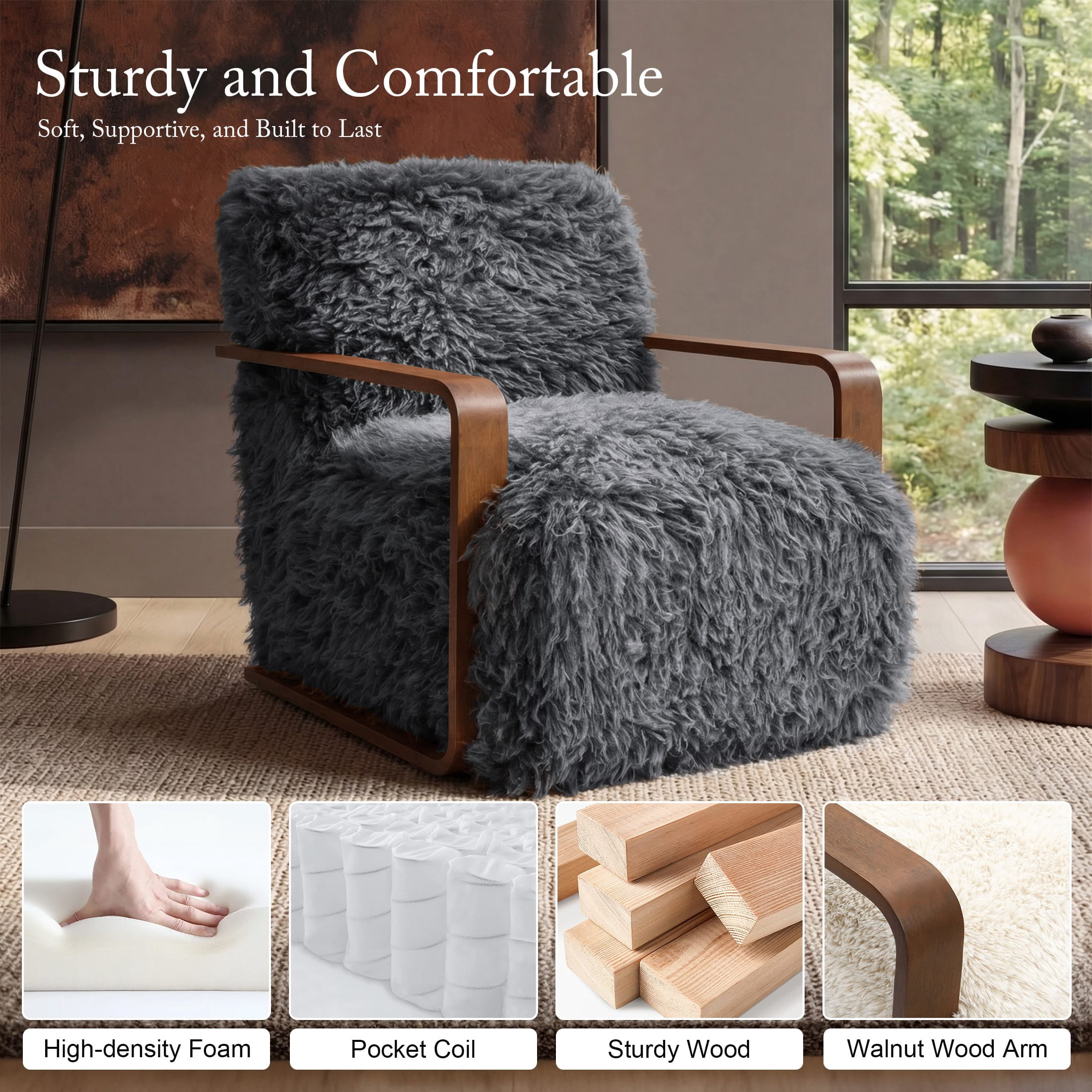 Aenkyo Yeti Contemporary Faux Fur Accent Chair with Dark Walnut Wood Arms, Gray